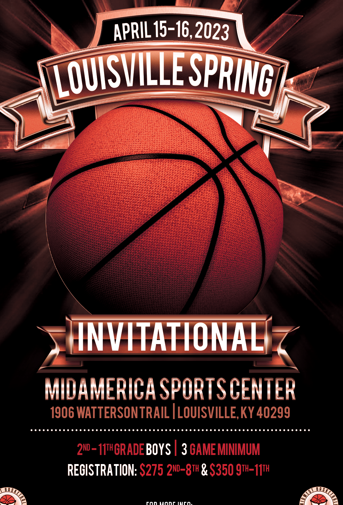 <span style="color: #ff0000;"><strong><span style="font-size: 14pt;">Louisville Spring Invitational<br />April 15-16, 2023<br /></span><a href="http://www.midwestbballtournaments.com/ViewEvent.aspx?EID=1026"><span style="font-size: 14pt;">Click Here for Details</span> </a></strong></span>